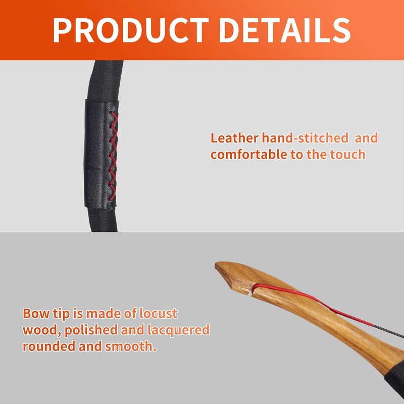 SP.G 50lbs One Piece Traditional Bow - 50" Handmade Wooden Bow Fast Precision Shooting Traditional Recurve Bow and Arrow Set for Adult & Archers Right Left Hand Archery Horse Long Bow - Image 3